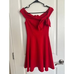 Off-the-Shoulder Cherry Red Cocktail A-Line Dress with Bow
